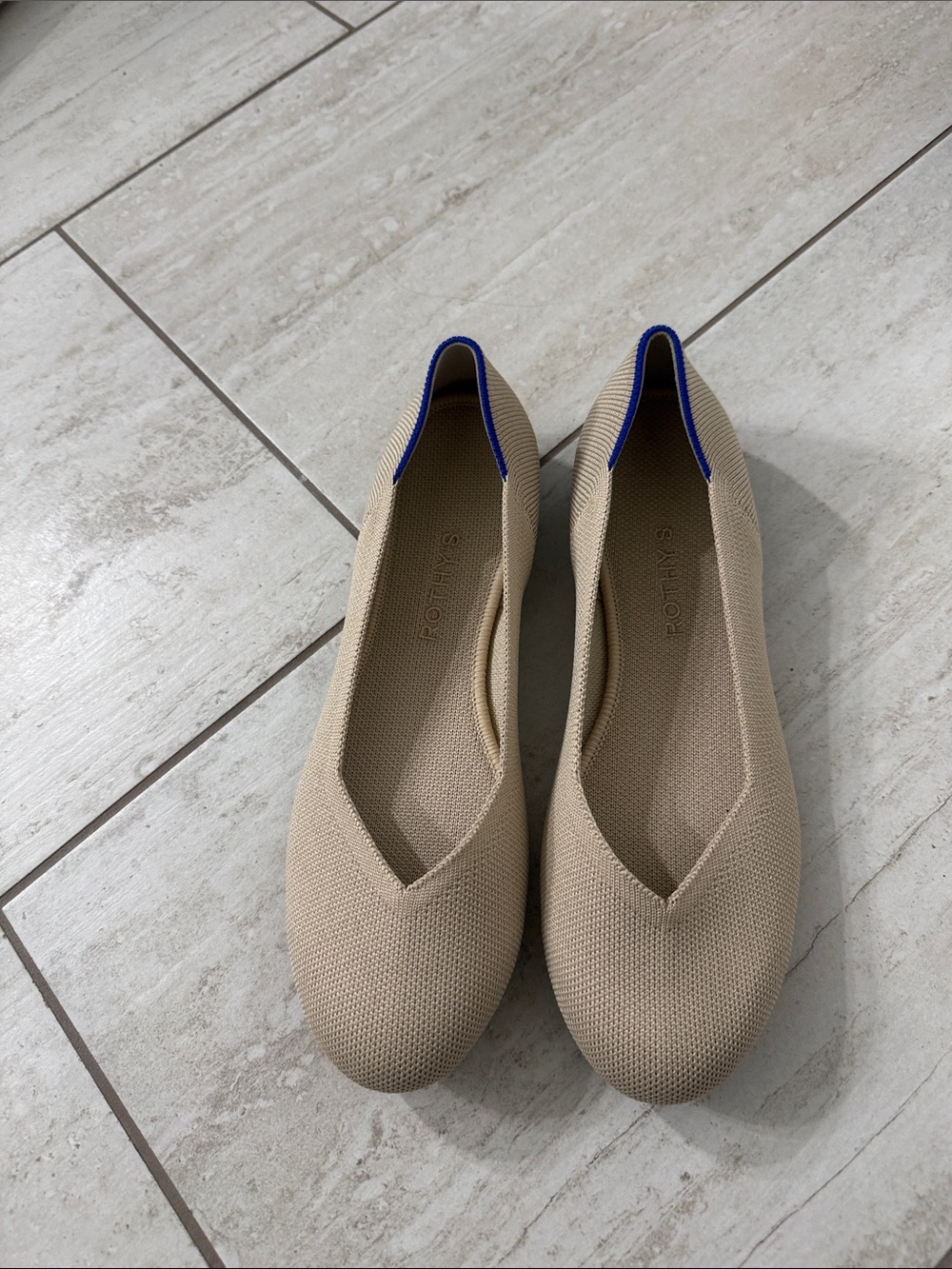 Rothy's Beige Knit Flats with Blue Trim..size 10.5
New .. authentic